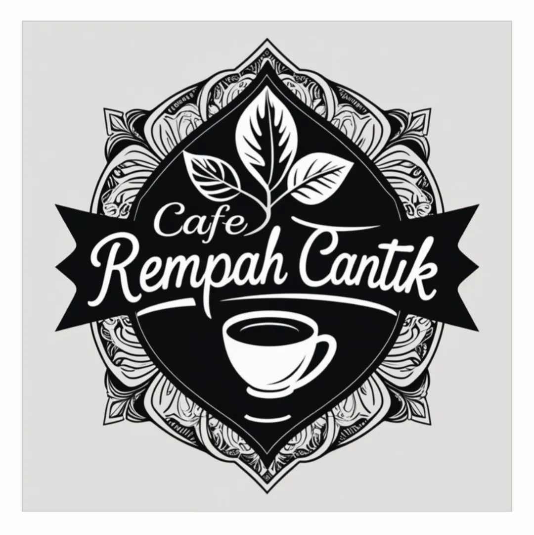 Logo Cafe Rempah Cantik featuring stylized leaves and a coffee cup within an ornate black and white emblem